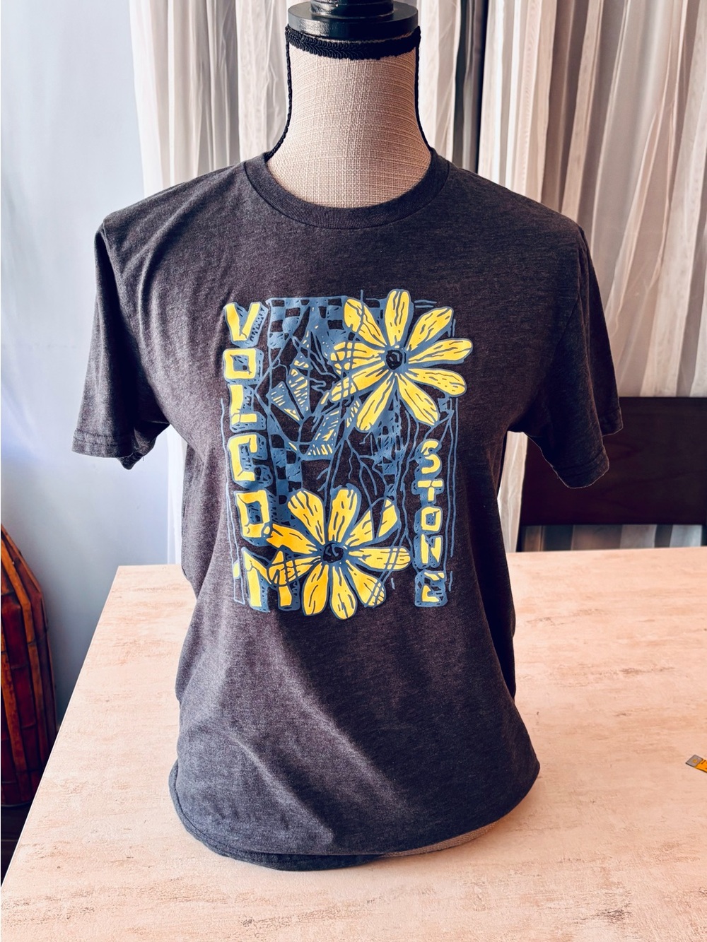 Volcom Charcoal Short-Sleeve Tee with Yellow Floral Graphic